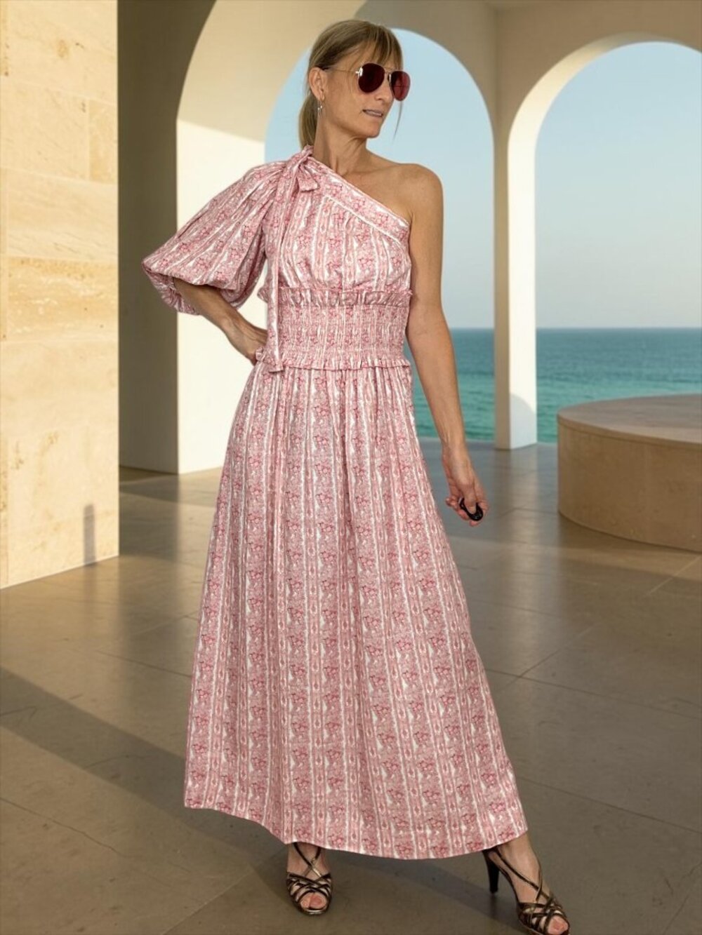 Lug Von Siga Glory Linen Dress 34 US 2 Pink One Shoulder Midi Romantic